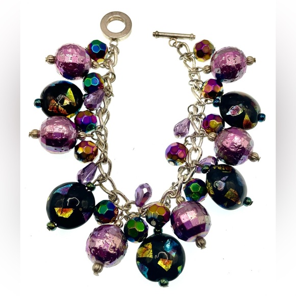 Artisan Silver Tone Chain Bracelet Art Glass and Acrylic Dangling Bead Charms - Picture 4 of 7